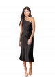 Sleek One Shoulder Midi Length Short Stretch Satin Slip Cocktail Dress