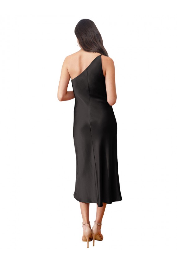 Sleek One Shoulder Midi Length Short Stretch Satin Slip Cocktail Dress