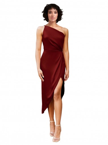 One Shoulder Midi Length Short Stretch Satin Wrap Style Cocktail Dress