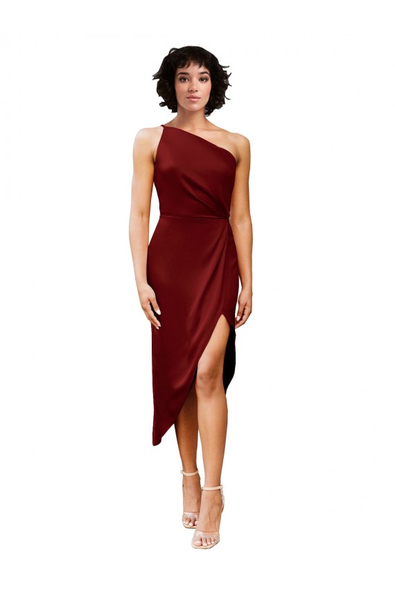 One Shoulder Midi Length Short Stretch Satin Wrap Style Cocktail Dress