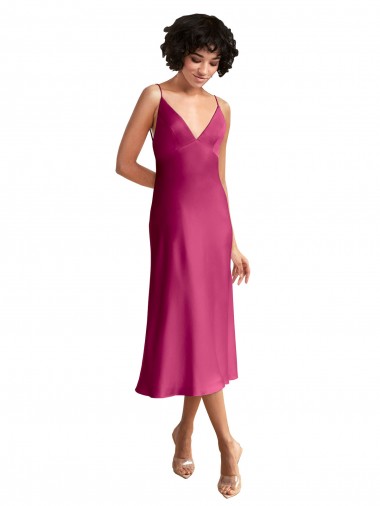 Midi Length V-Neck Short Stretch Satin Cocktail Dress with Low Scoop Back