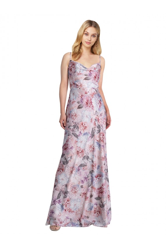 Draped Cowl Neck Long Floral Printed Formal Stretch Satin Cocktail Dress