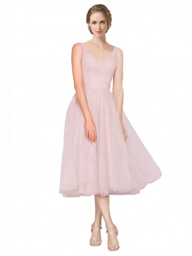 Short Tea Length Wide Strap Plunge Cross Over Neckline Tulle Cocktail Dress