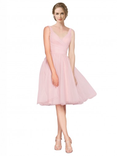 Short Knee Length Wide Strap Plunge Cross Over Neckline Tulle Cocktail Dress