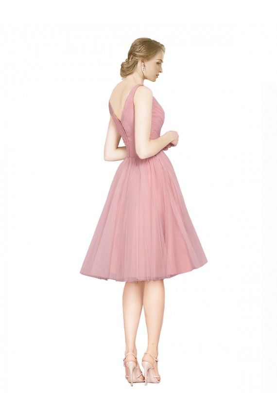 Short Knee Length Wide Strap Plunge Cross Over Neckline Tulle Cocktail Dress