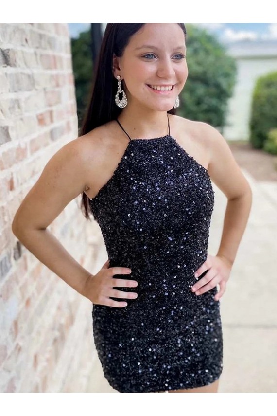 Halter Sleeveless Short Velvet Sequin Cocktail Dress
