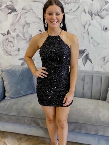Halter Sleeveless Short Velvet Sequin Cocktail Dress
