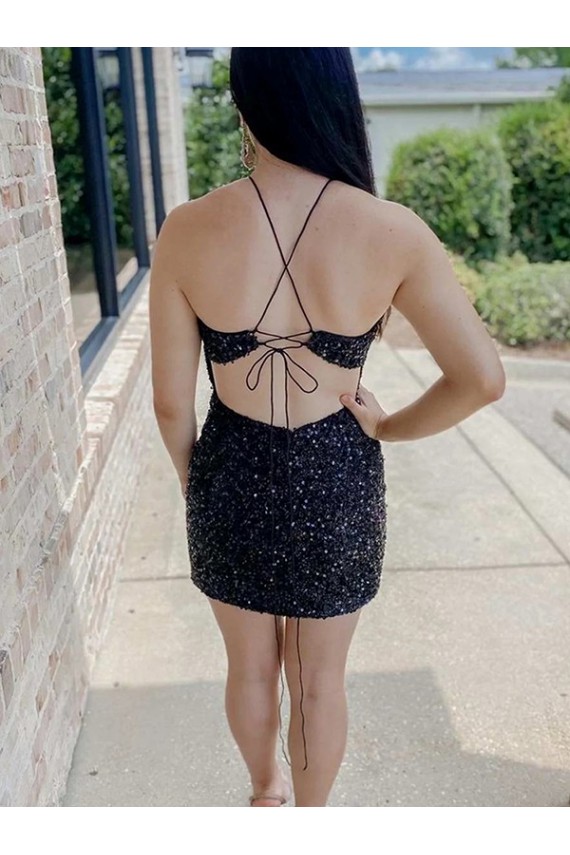 Halter Sleeveless Short Velvet Sequin Cocktail Dress