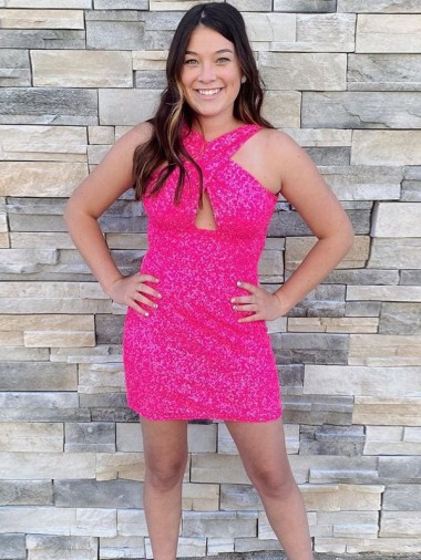 Halter Sleeveless Short Velvet Sequin Cocktail Dress