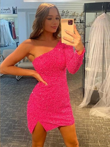 Short Velvet Sequin One Shoulder Long Sleeves Cocktail Dress