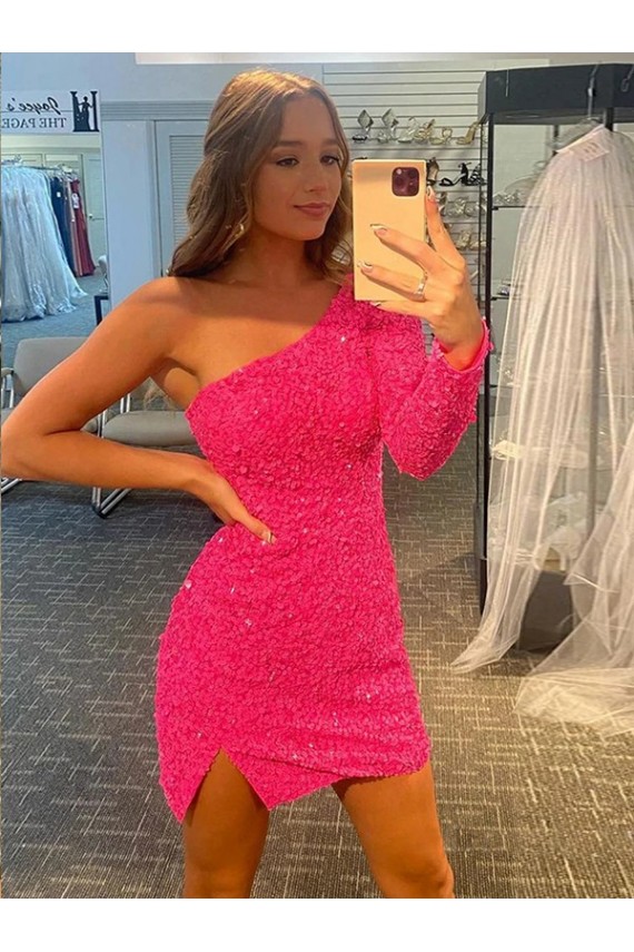 Short Velvet Sequin One Shoulder Long Sleeves Cocktail Dress