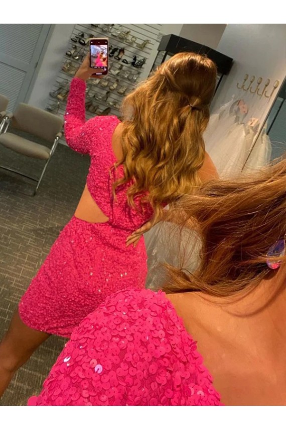 One Shoulder Long Sleeves Short Velvet Sequin Cocktail Dress