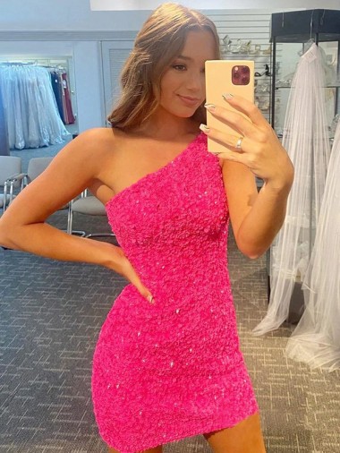 Short One Shoulder Sleeveless Velvet Sequin Cocktail Dress