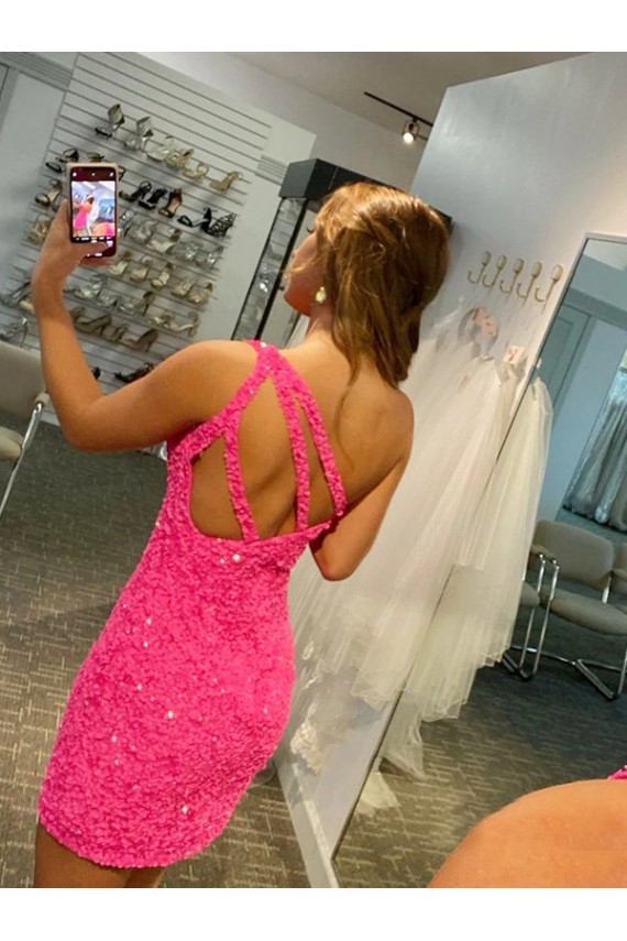 Short One Shoulder Sleeveless Velvet Sequin Cocktail Dress