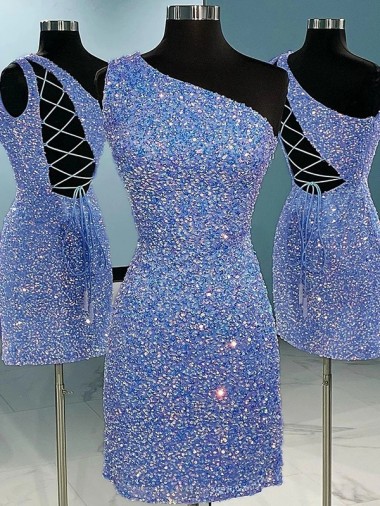 Short Velvet Sequin One Shoulder Sleeveless Cocktail Dress