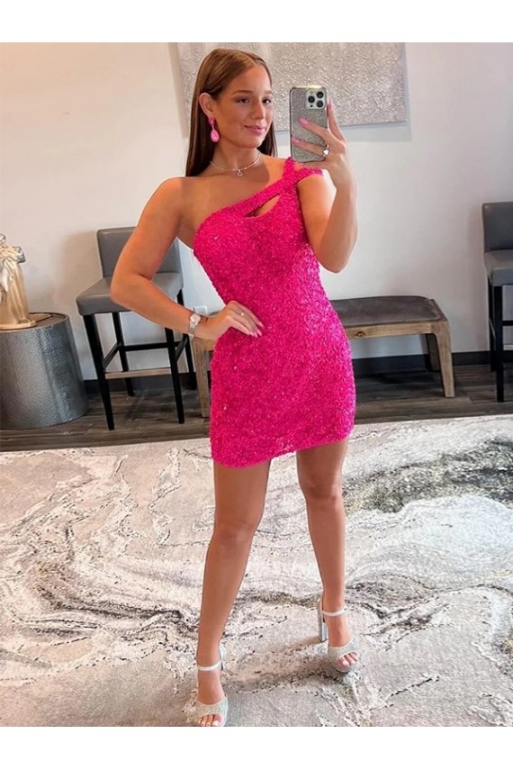 Velvet Sequin One Shoulder Sleeveless Short Cocktail Dress