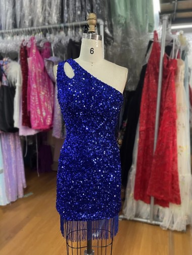 One Shoulder Keyhole Sleeveless Short Velvet Sequin Cocktail Dress