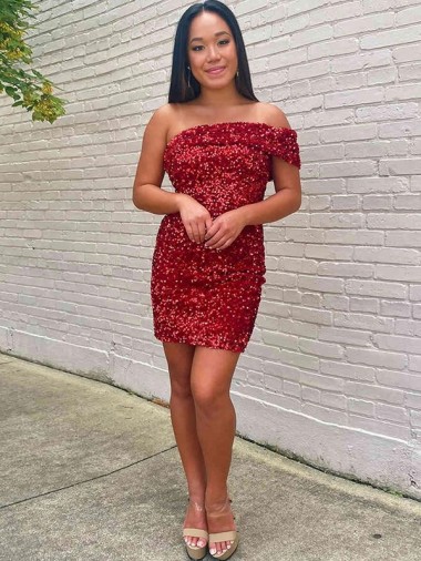 Short One Shoulder Sleeveless Velvet Sequin Cocktail Dress