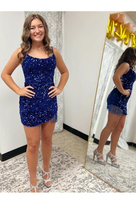 Spaghetti Straps Backless Sleeveless Short Velvet Sequin Cocktail Dress