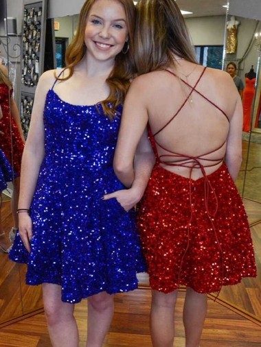 A-Line Spaghetti Straps Sleeveless Short Velvet Sequin Cocktail Dress