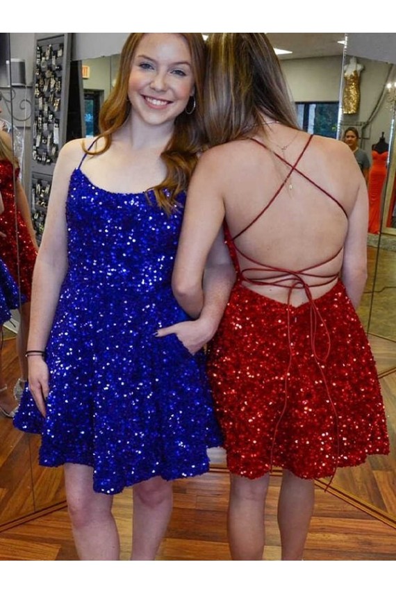 A-Line Spaghetti Straps Sleeveless Short Velvet Sequin Cocktail Dress