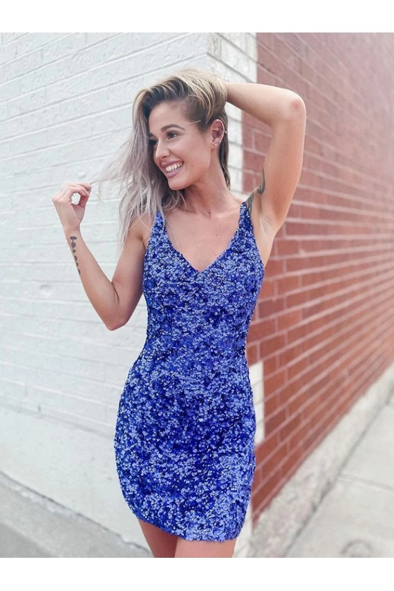 Short Velvet Sequin V-Neck Sleeveless Cocktail Dress