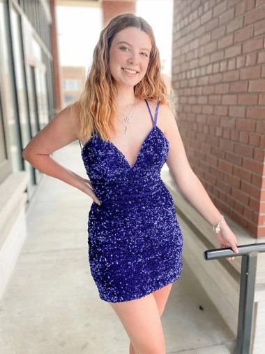 Sleeveless Short Velvet Sequin V-Neck Cocktail Dress