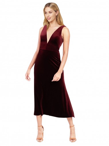 Daring Plunging V-Neckline Short Midi Length Velvet Cocktail Dress