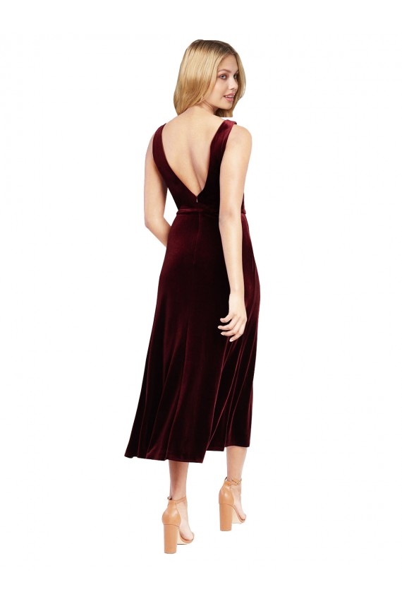 Daring Plunging V-Neckline Short Midi Length Velvet Cocktail Dress