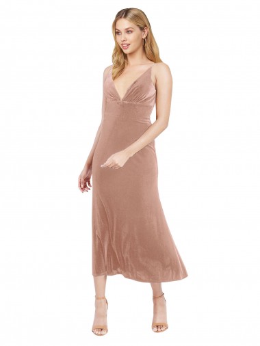 Midi Length Short V-Neck Velvet Cocktail Dress with Notched Neckline