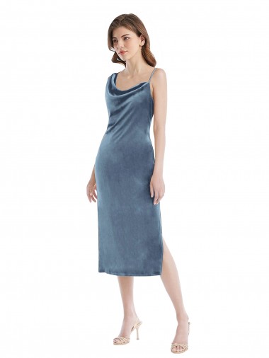 Midi Length Asymmetrical One Shoulder Velvet Slip Cocktail Dress