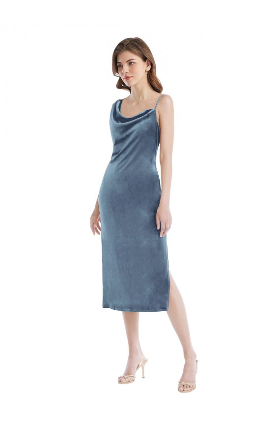 Midi Length Asymmetrical One Shoulder Velvet Slip Cocktail Dress