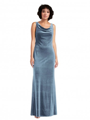 Stretch Velvet Floor Length Cowl Neck Long Cocktail Dress