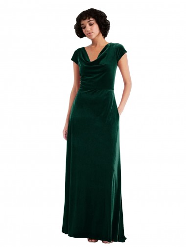 Cowl Neck Cap Sleeve Velvet Cocktail Dress with Pockets