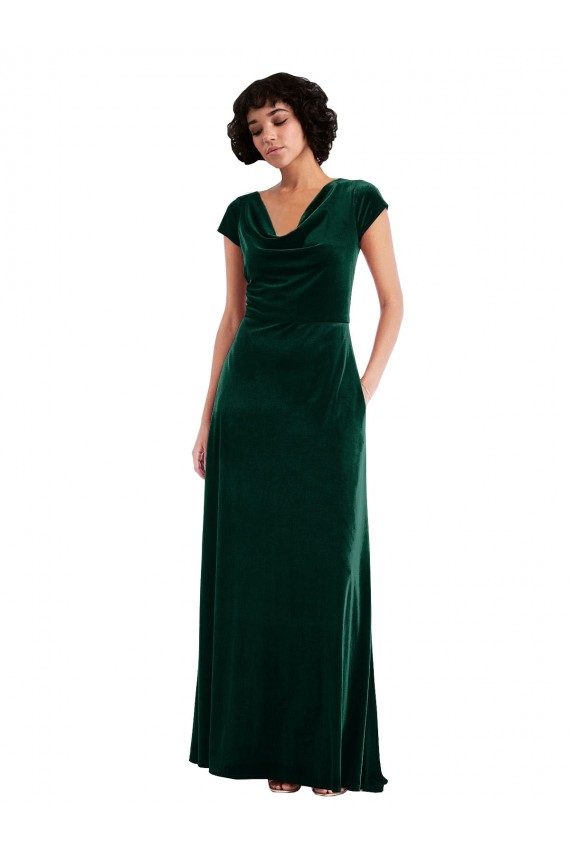 Cowl Neck Cap Sleeve Velvet Cocktail Dress with Pockets