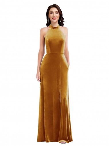 High-Neck Halter Velvet Cocktail Dress with Front Slit