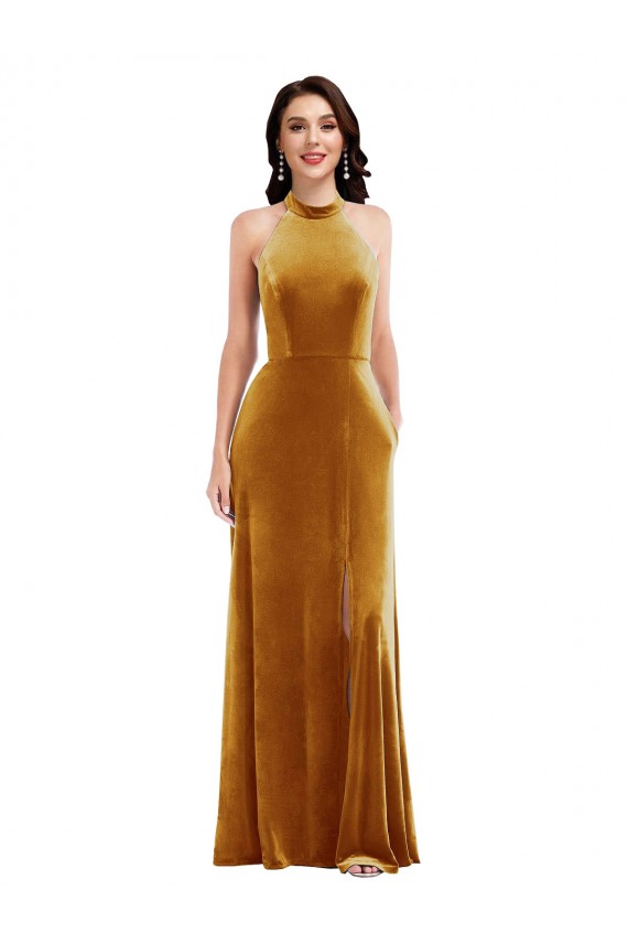 High-Neck Halter Velvet Cocktail Dress with Front Slit