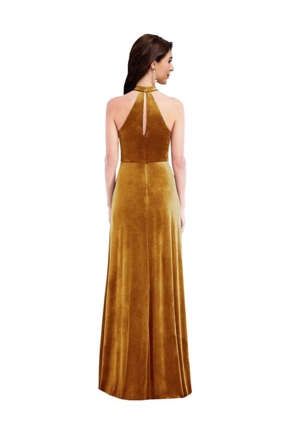 High-Neck Halter Velvet Cocktail Dress with Front Slit