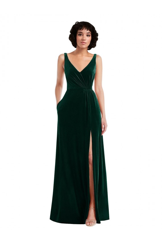 Floor Length Velvet Cocktail Dress with Shirred Bodice and Front Slit