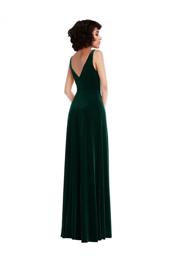 Floor Length Velvet Cocktail Dress with Shirred Bodice and Front Slit