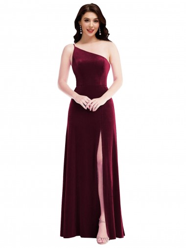 One Shoulder Spaghetti Strap Velvet Cocktail Dress with Pockets
