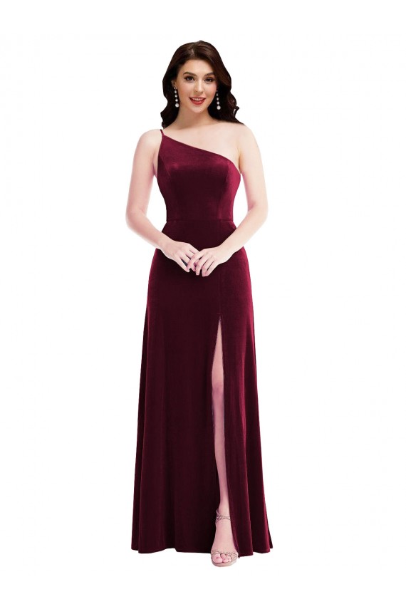 One Shoulder Spaghetti Strap Velvet Cocktail Dress with Pockets