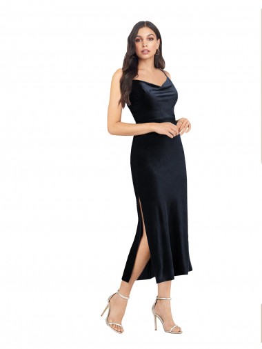 Midi Length Velvet Cocktail Dress with Cowl Neck and Spaghetti Straps