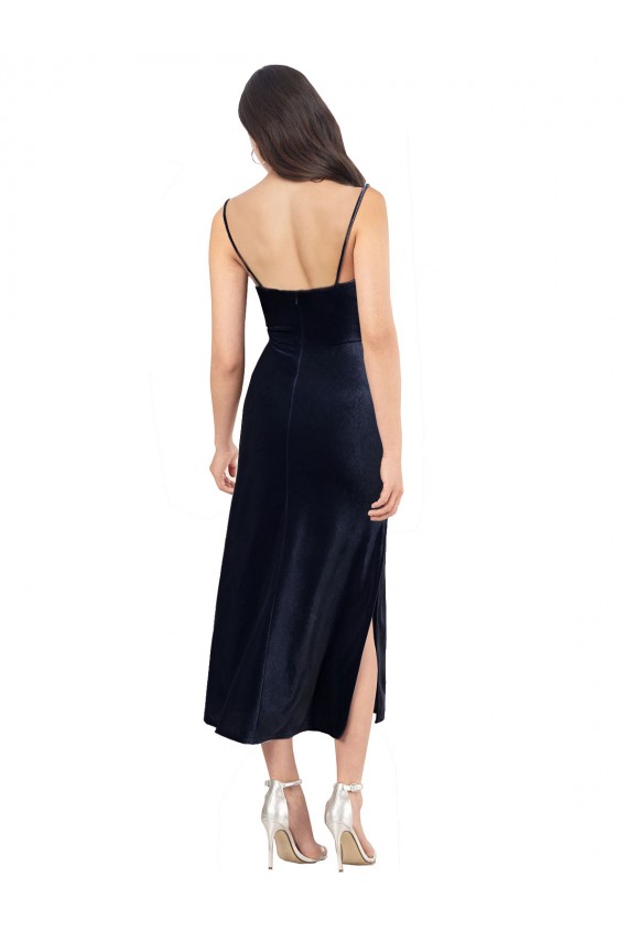 Midi Length Velvet Cocktail Dress with Cowl Neck and Spaghetti Straps