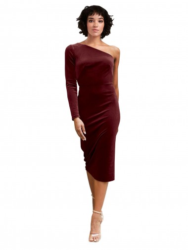 One Shoulder Fitted Short Midi Length Velvet Cocktail Dress