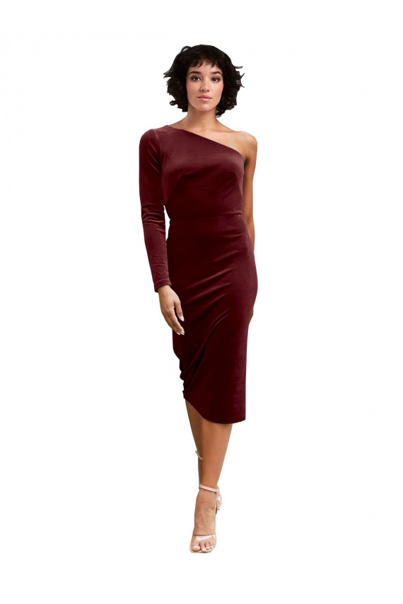 One Shoulder Fitted Short Midi Length Velvet Cocktail Dress