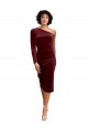One Shoulder Fitted Short Midi Length Velvet Cocktail Dress