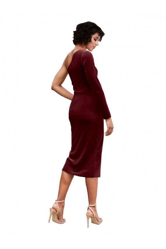 One Shoulder Fitted Short Midi Length Velvet Cocktail Dress