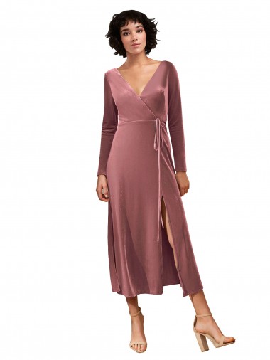 Long Sleeve Velvet Faux Wrap Midi Length Cocktail Dress