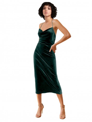 Midi Length Sleek Cowl Neckline Short Velvet Cocktail Dress